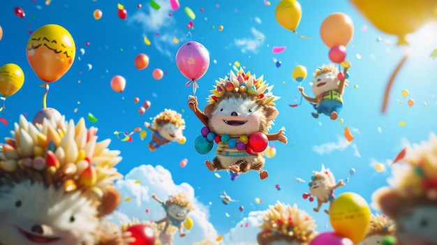 A playful parade of hedgehogs floating in the sky with their balloon hats and props ready to