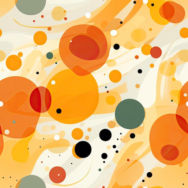 Playful pattern of orange yellow and black dots in circular swirls tiled