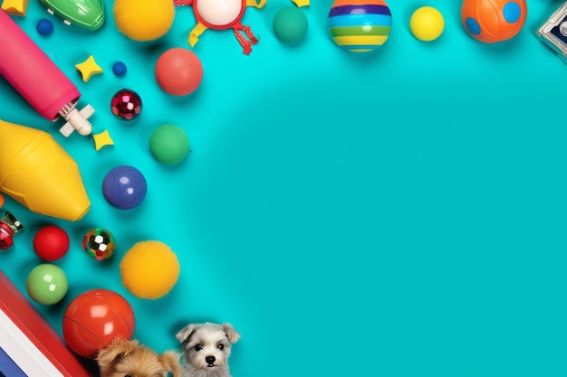 Playful paws vibrant pet shop banner with colorful toy frame captivating flat lay design in top vi