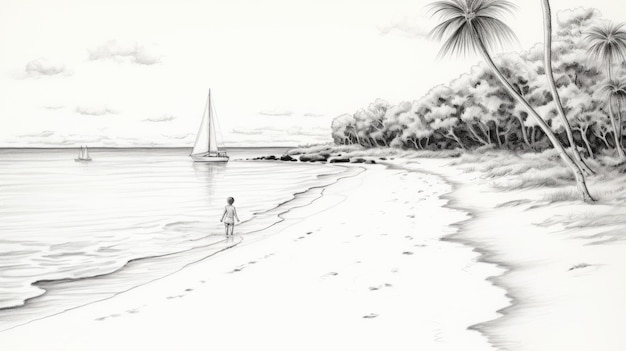 Photo playful pencil drawing of summer sea and beach with boat and palm trees