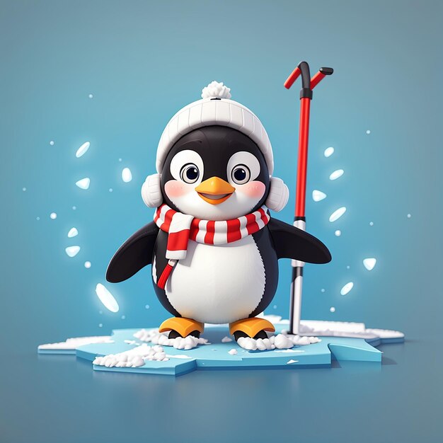 Playful Penguin on Ice Cartoon Skiing Adventure