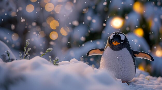 写真 雪 の ワンダー ランド の 姿勢 で 遊ぶ ペンギン