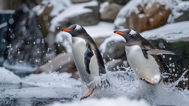 Photo playful penguins sliding on ice ai generated illustration