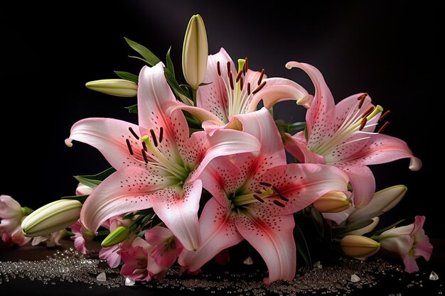 Photo playful photograph of a pet interacting with lily bouquet