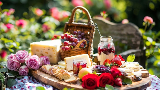 A playful picnic with a board of assorted cheese fruits and charerie along with a jar of homemade