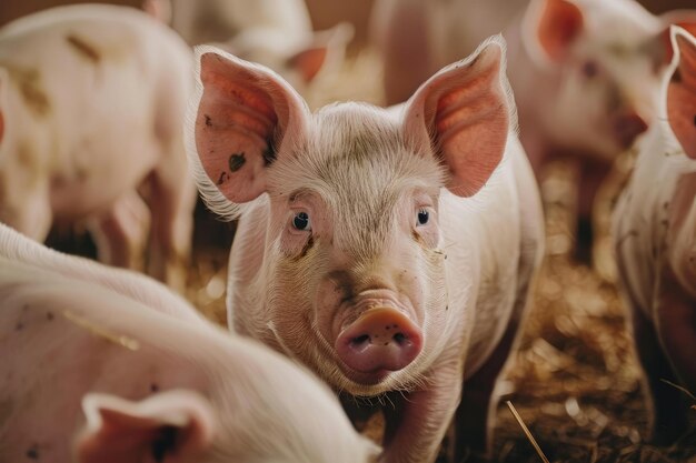 農場 の  に いる 遊び心 の ある 豚 の 子 たち