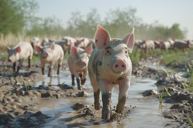 Photo playful piglets romping in muddy fields