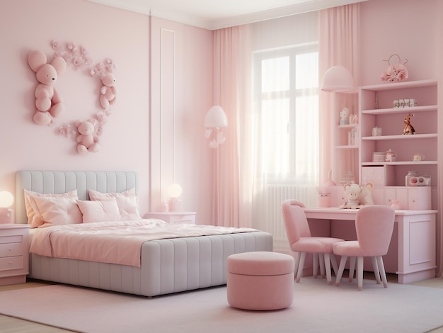 창의적인 가구와 함께 장난스러운 분홍색 어린이 방 AI 세대