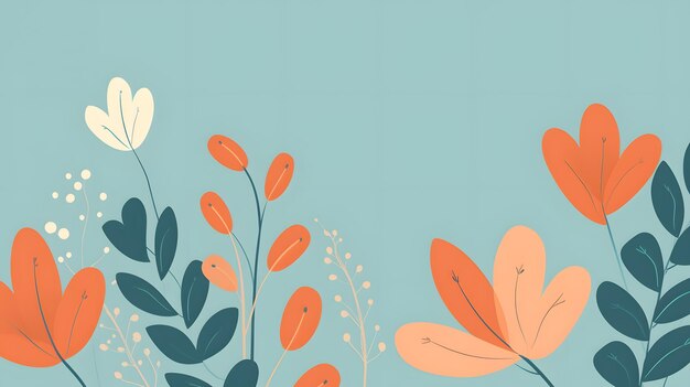 Playful plant illustration orange and teal leaves on blue backdrop