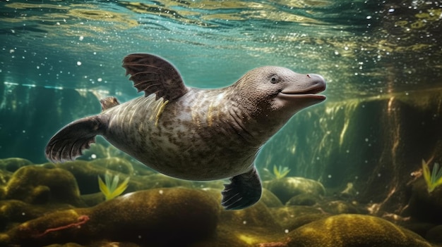 A playful platypus swimming in a pond AI generated