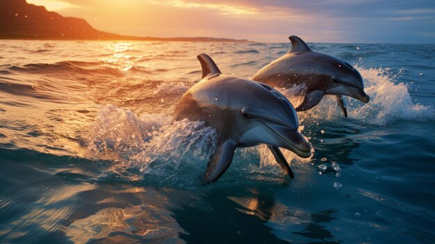 Photo a playful pod of dolphins leaping and frolicking in the sparkling blue sea