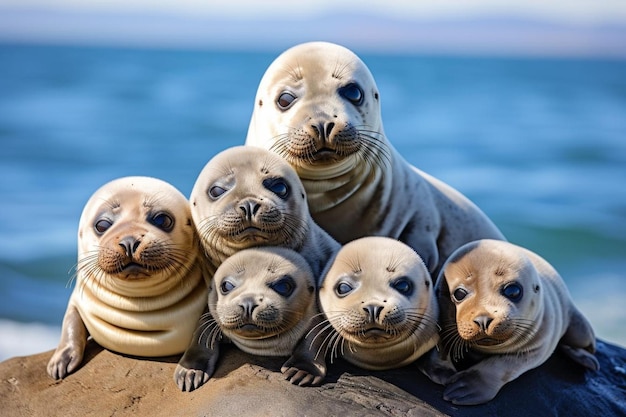 Photo a playful pod of seals basking on the rocks