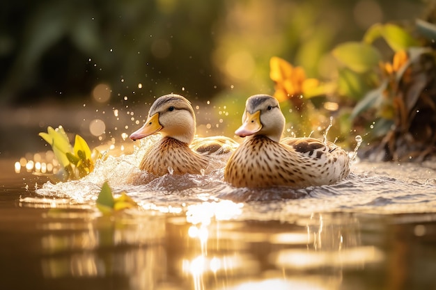 Photo playful pond partners two ducks playing in the telepathic harmony