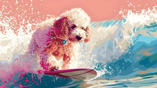 Photo a playful poodle young dog rides the waves causing colorful splashes in the ocean an active
