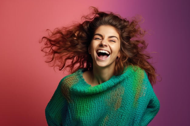 Playful portrait of a thrilled woman radiating happiness and enthusiasm with a fun