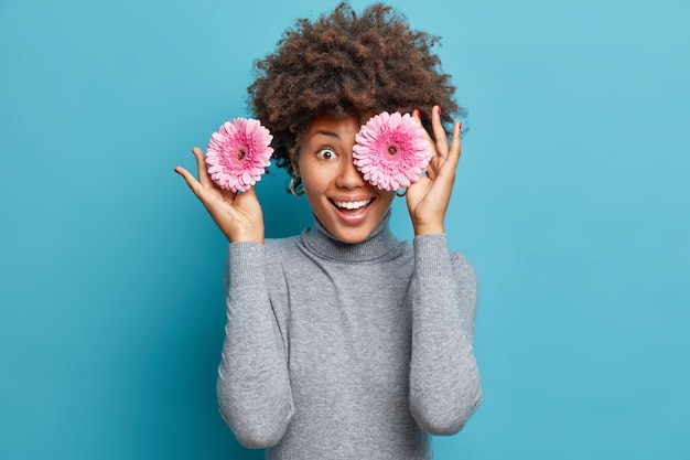 Playful positive woman with curly hair holds two pink gerberas over eyes smiles broadly wears casual grey turtleneck isolated over blue wall