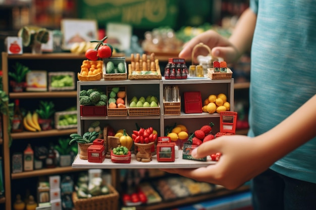 Playful Produce Market Een grillige speelgoedgroentenstand versierd met een verscheidenheid aan levendige vruchten en groenten