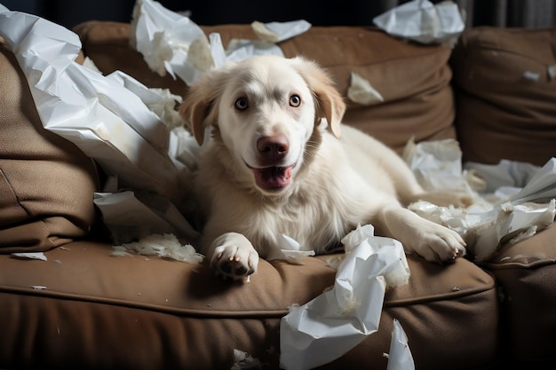 Playful Pup Unleashes Sofa Adventure Cushion Chaos Generative AI