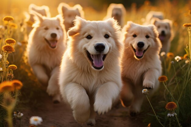 花いっぱいの草原にいる遊び心のある子犬