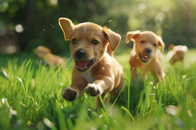 芝生で遊ぶ遊び心のある子犬