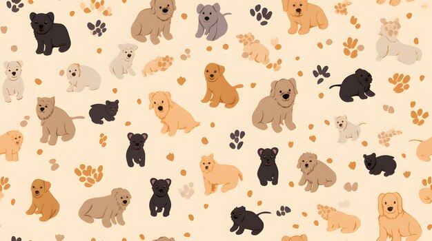 Photo playful puppies and paw prints pattern on a beige background