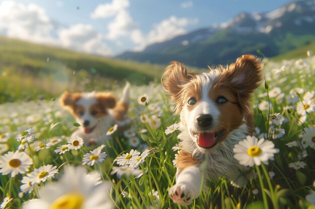 Photo playful puppies romping in a field of daisies