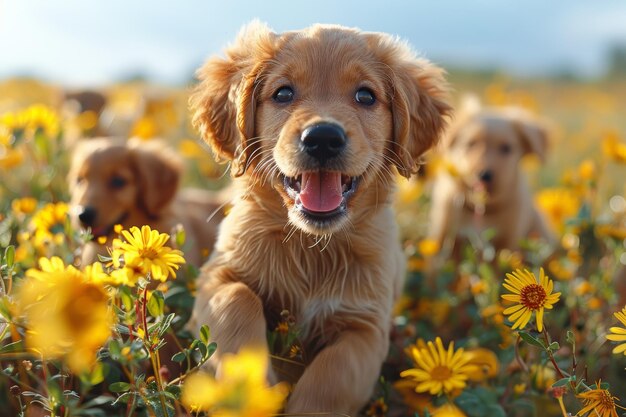 Photo playful puppies running through yellow flower field