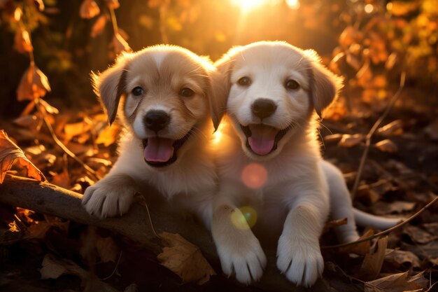 Photo playful puppies in sunlight