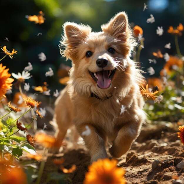 蝶を追いかける遊び心のある子犬