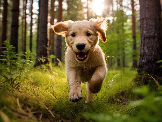 Playful puppy chasing its tail in a lush green park