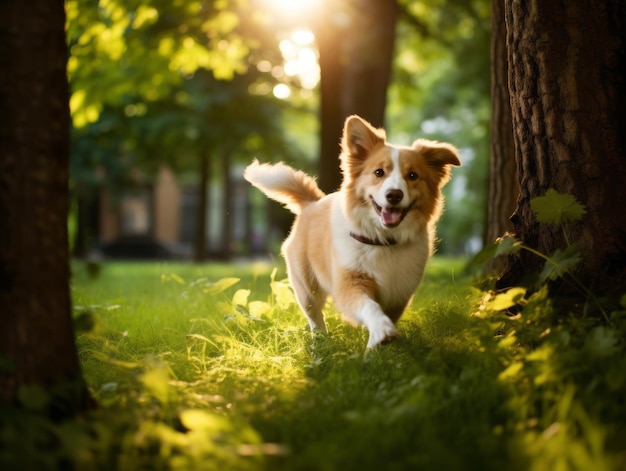 Playful puppy chasing its tail in a lush green park