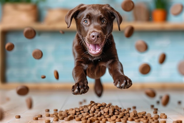 遊び心のある子犬が犬の食べ物に向かって飛び跳ねる