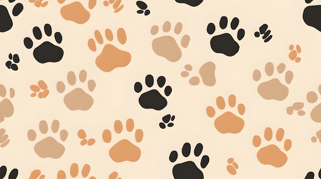 写真 柔らかいベージュ色の背景の遊び心のある子犬の足印のパターン