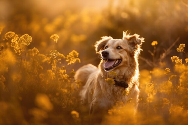 遊び心のある子犬 ゴールドフィールドの野生の花の中で