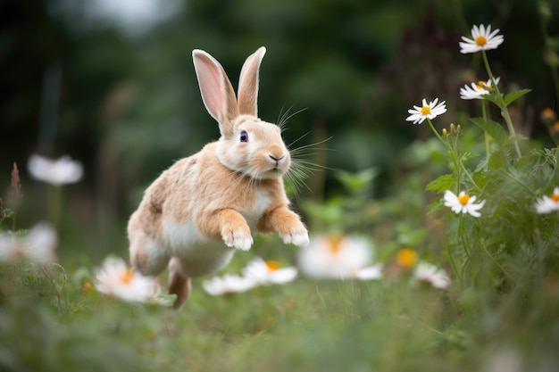 Playful rabbit hopping and jumping through field of flowers created with generative ai