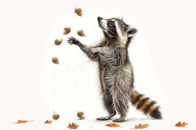 Playful Raccoon Juggling Acorns