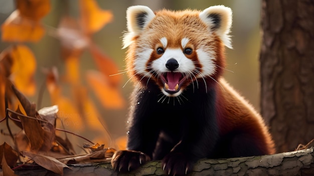 Playful red panda caught midroll bushy tail and carefree expression