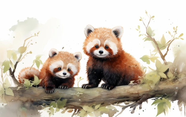 Playful Red Pandas Exploring Trees on white background