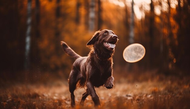 Playful retriever jumps for plastic disc in water generated by AI