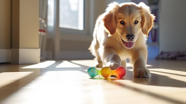 Photo playful retriever puppy with chew toy