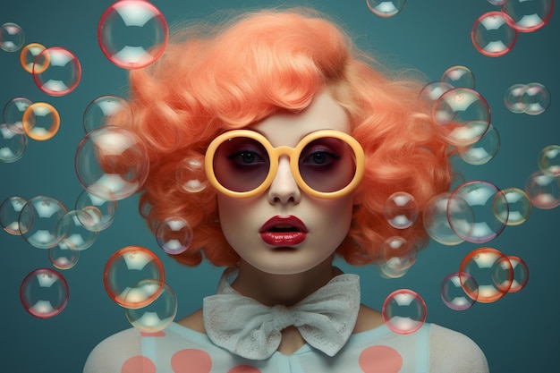 Фото Игральный ретро женский портрет на фоне мыльных пузырьков