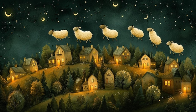 a playful scene of cartoonish sheep jumping over a stylized sleepy town