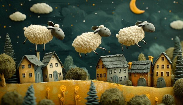 a playful scene of cartoonish sheep jumping over a stylized sleepy town