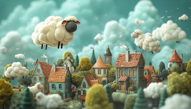 a playful scene of cartoonish sheep jumping over a stylized sleepy town