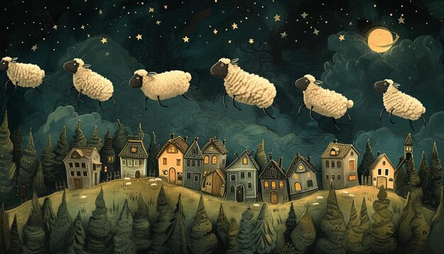 a playful scene of cartoonish sheep jumping over a stylized sleepy town