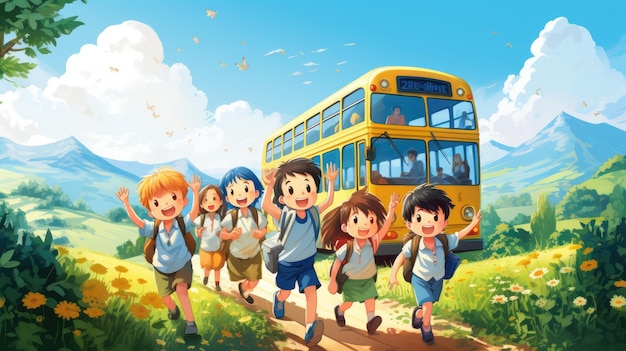 a playful scene of students happily boarding a school bus