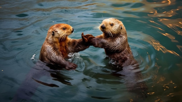 A playful sea otter holding hands with a companion AI generated