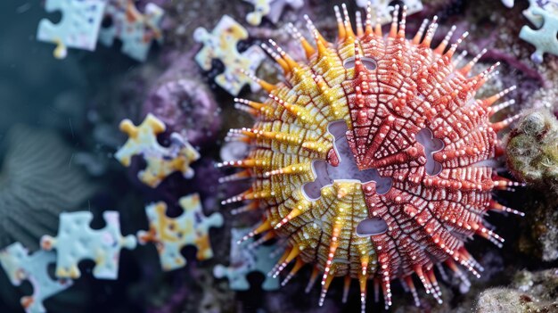 Photo playful sea urchin exploring a captivating jigsaw puzzle