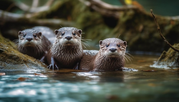 Playful seal family swimming in tranquil pond generated by AI