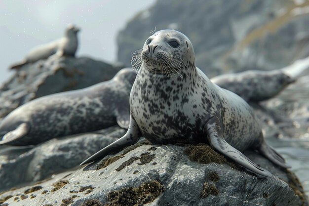 Photo playful seals basking on rocky shores